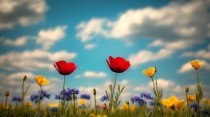 Obraz premium Vibrant Wildflower Field Under Blue Sky with Fluffy Clouds and Spring Colors : Generative AI