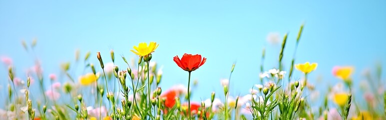 Obraz premium Vibrant Wildflower Meadow Under Blue Sky with Standout Red and Yellow Blossoms : Generative AI