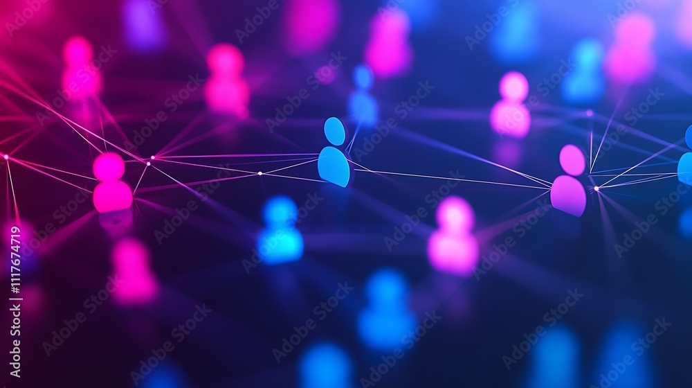 Poster colorful network of abstract human icons connected by digital lines : generative ai