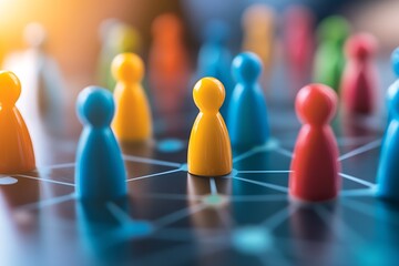Collaboration and Strategy in Business Illustrated with Colorful Game Pieces on Network Grid : Generative AI