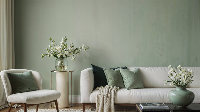 minimalist living room interior with a white, plush sofa adorned with several green throw pillows and a matching green throw blanket.