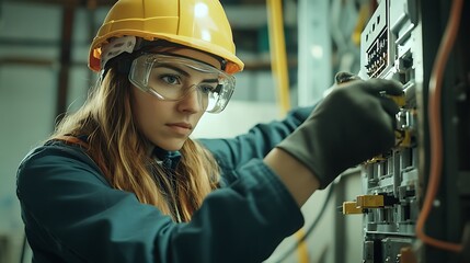 A skilled female commercial electrician focused on a fuse box, wearing protective gear, showcasing her expertise and professionalism in a well-lit workspace, with tools and equipment neatly arranged.