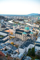 Beautiful view of old town of city Salzburg in the evening. Christmas illumination in the city 