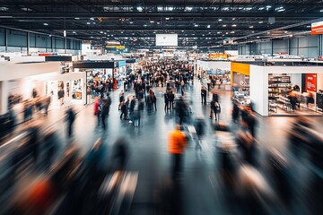 Vibrant Trade Exhibition with Enthusiastic Visitors Exploring Dynamic Booth Displays : Generative AI
