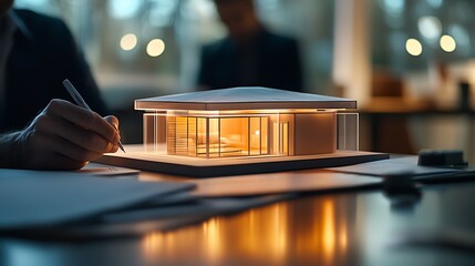 A sleek holographic 3D model of a small living house displayed on a table in a modern real estate agency, with hands signing a mortgage contract, showcasing 