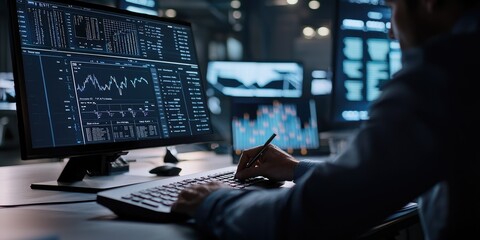 A businessperson working on a financial calculation tool, with a focus on the screen showing budgets and investment plans in an office setting.