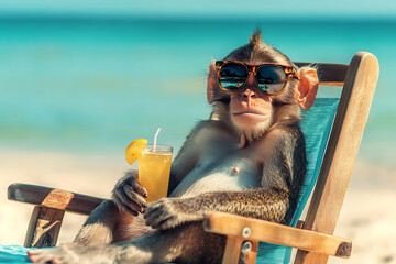 Monkey lounging on a beach chair by the ocean, wearing stylish sunglasses and enjoying a tropical drink