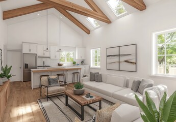 Bright, airy open-plan living space with kitchen, living room, and vaulted ceiling.
