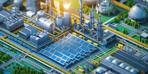 Fototapeta premium A diagram showing the strategic integration of renewable energy in industrial design, with solar panels and sustainable materials incorporated into the factory s structur
