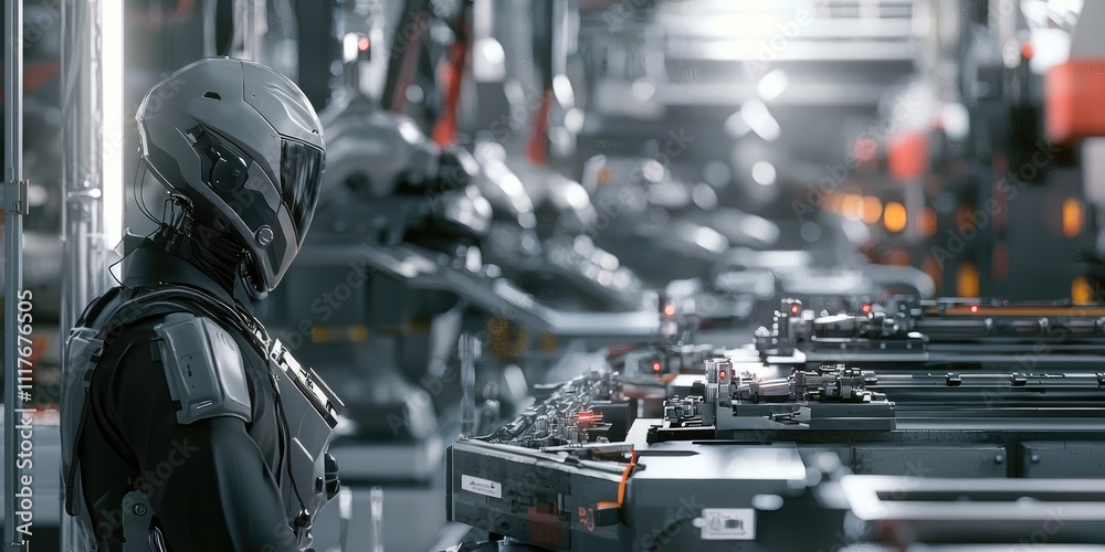 Aufkleber An engineer in a helmet inspecting an automated production line in a modern factory. The scene shows machinery in motion and a focus on precision and efficiency.