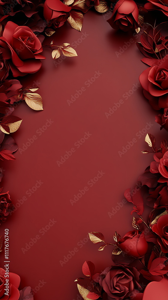 Fototapete deep red valentine's day scene with faint outlines of roses and kisses around the border, leaving a 