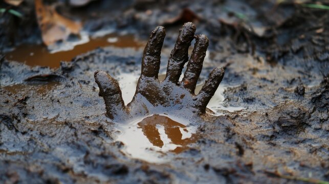 Mud-Covered Hand Reaching from Puddle.