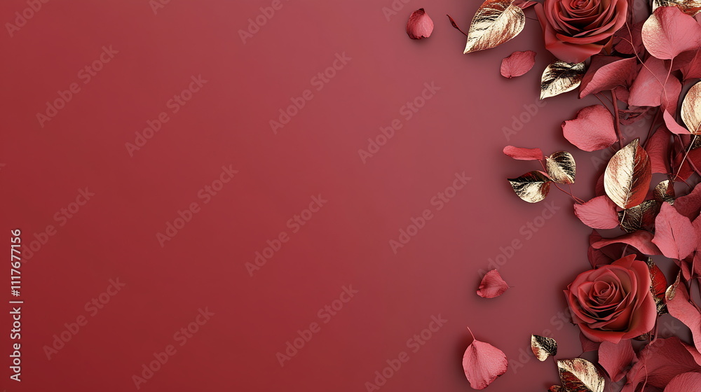 Fototapete deep red valentine's day scene with faint outlines of roses and kisses around the border, leaving a 