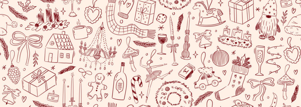 Seamless vector pattern with contemporary minimalist line art christmas holidays elements. Hand drawn candles, decorations, gifts, drinks doodles on wide background. Coquette ink winter banner