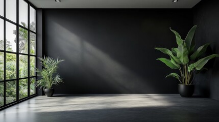 Dark Minimalist Interior Design with Lush Greenery