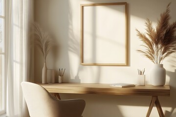 Fototapeta premium Minimalist Sunlit Home Workspace with Elegant Design and Natural Flow : Generative AI