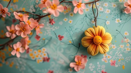 Colorful floral decoration featuring a smiling flower against a vibrant background with blossoms
