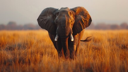 Majestic elephant walks through tall grass at sunset in an African savanna landscape