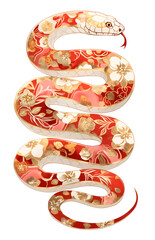 Obraz premium Artistic red gold snake with floral ornament on skin in Chinese art style illustration. Asian New Year 2025 isolated clipart. Snake zodiac sign clip