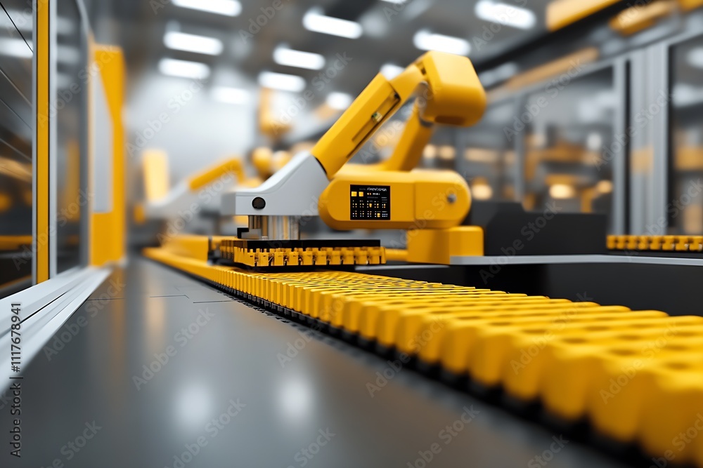 Leinwandbilder advanced automated robotic arm precisely organizing items on high-tech conveyor belt in modern facto