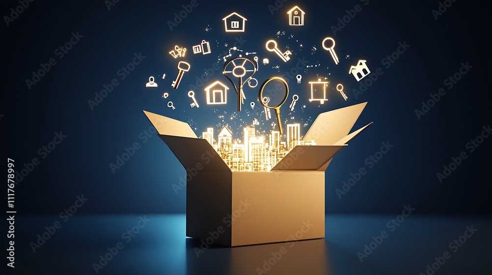 Poster Conceptual Illustration of Unlocking Business Opportunities with Key Symbols Emerging from Box : Generative AI