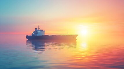 Obraz premium Serene Sunset Behind Cargo Ship on Calm Ocean Waters Creating Tranquil Maritime Scene : Generative AI