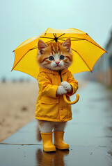 雨の日に黄色の傘をさす子猫