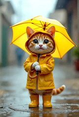 雨の日に黄色の傘をさす子猫