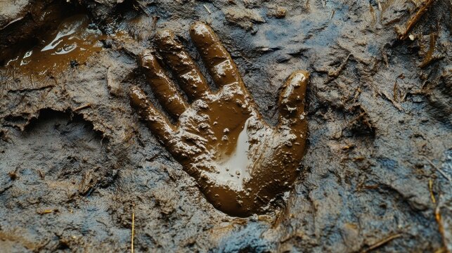 Mud handprint in the earth, textured detail.