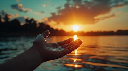 Hand reaching for sunset over calm water.