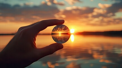 Hand holding lensball reflecting sunset over calm lake.