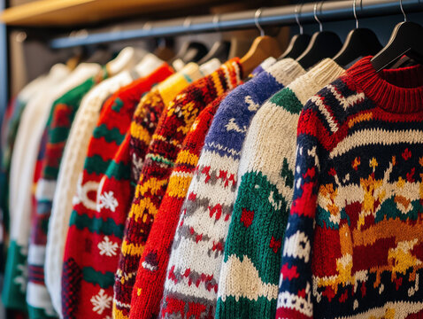 A colourful and quirky woollen Christmas jumper displayed on a clothes rack, with festive prints such as reindeer, snowflakes and bright colours. Perfect for the festive spirit.