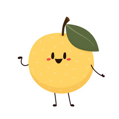 Asian pear character. Asian pear whole fruit and half isolated on white background. Vector illustration of tropical exotic fruits in flat style.