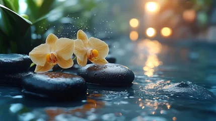 Relaxing spa interior featuring hot stones and blooming orchids amid tranquil water reflections