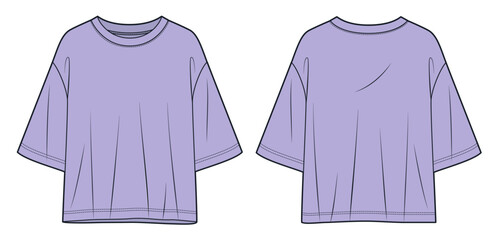 Unisex T-Shirt fashion design. Half Sleeve T-Shirt technical fashion illustration, oversize, front and back view, lilac, women, men, unisex Top CAD mockup.