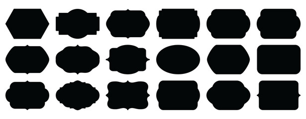 Black stickers, decorative frames. Set of graphic antique frames, collection of retro labels, royal wedding, sticker for sale or an invitation card. Isolated vector symbols. Simple line label set sale