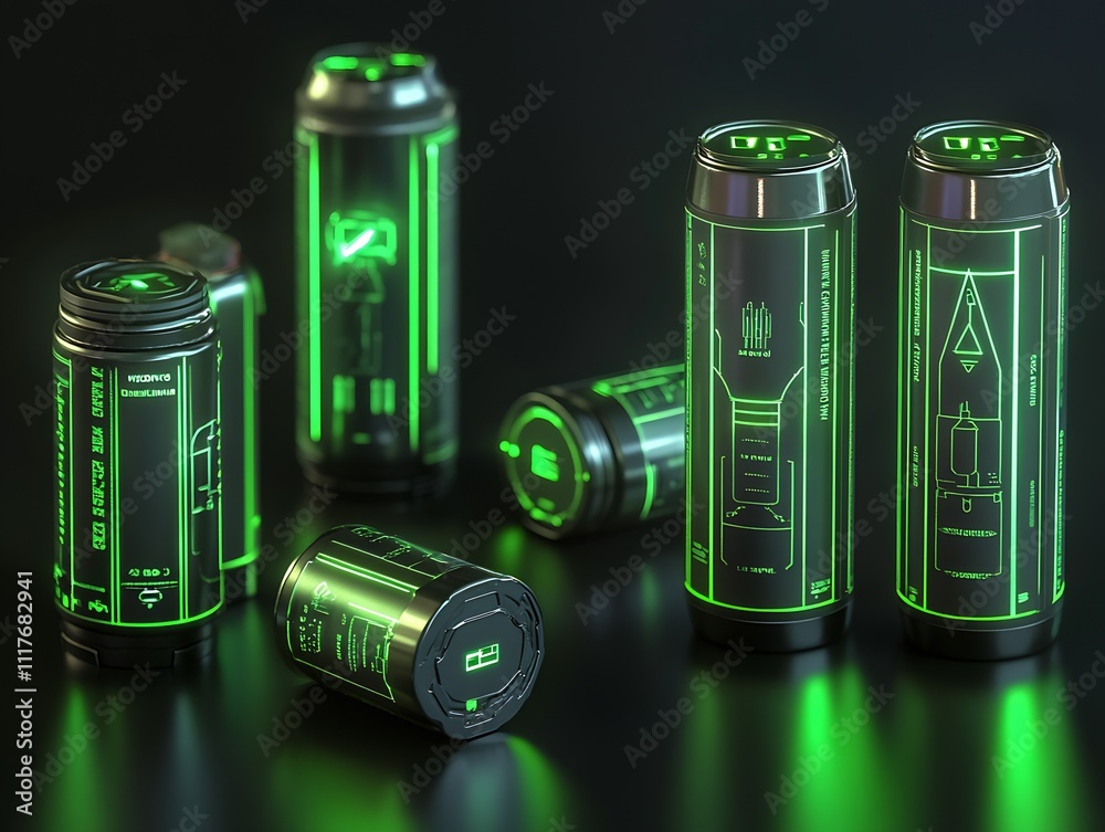 Poster Sleek Neon Green Power Cells with Modern Technological Interface Display : Generative AI