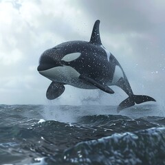 Obraz premium Orca whale leaping from ocean waves under a dramatic sky.