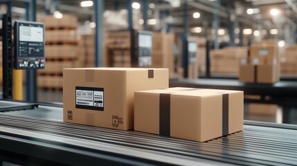 Advanced Warehouse Conveyor with Barcoded Cartons for Efficient Shipping : Generative AI