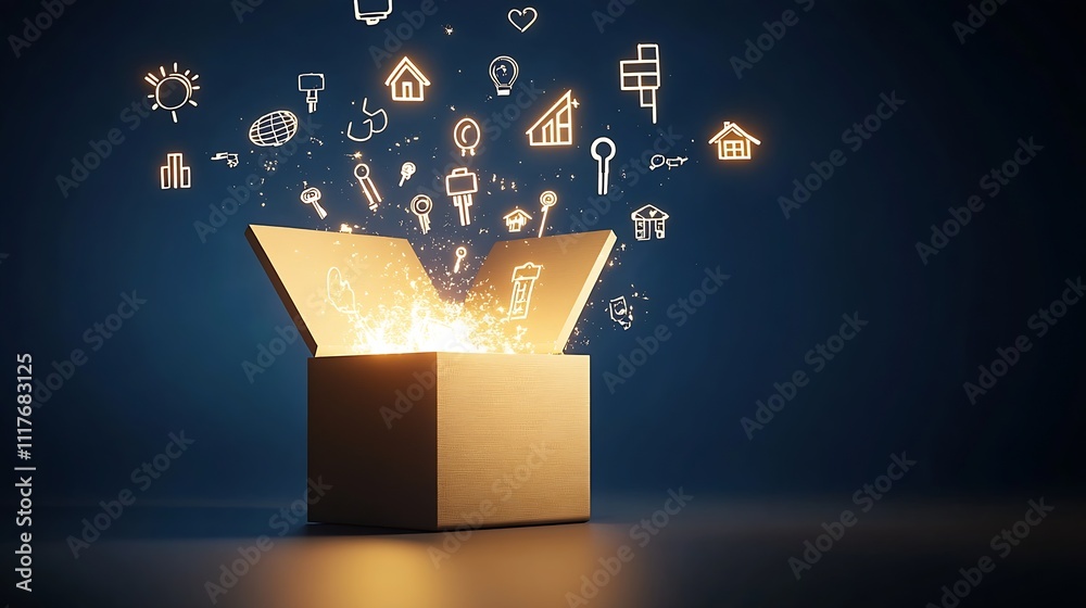 Poster Innovative Digital Design Showcasing Emerging Business Icons from Illuminated Box Concept : Generative AI