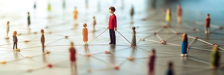 Miniature figures interconnected on surface symbolizing business networking and human relations : Generative AI