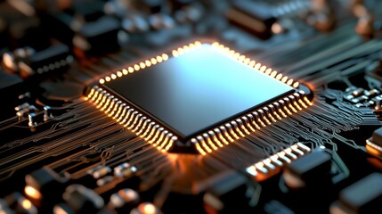 circuit board featuring glowing microchips and intricate wiring.