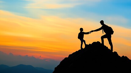 Father Son Bonding and Adventure on Mountain Top at Sunrise in Stunning Silhouette : Generative AI