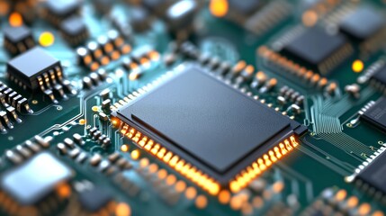 Obraz premium circuit board featuring glowing microchips and intricate wiring.