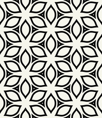 Vector seamless pattern. Monochrome graphic design. Decorative elegant petals. Regular floral background with geometric elements. Contemporary stylish ornament.