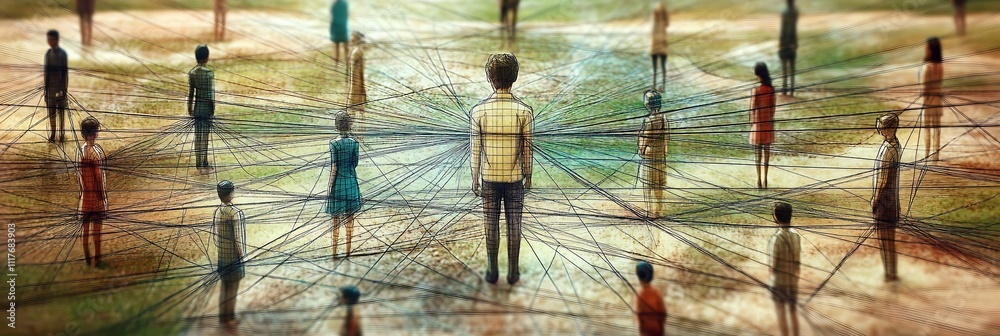 Aufkleber Figures standing on ground networked by threads representing human relationships and interaction : Generative AI