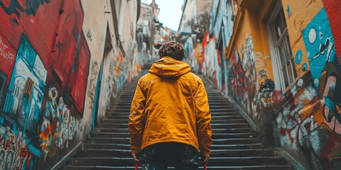 Obraz premium A person in a yellow jacket ascends colorful, graffiti-covered stairs in an urban setting.