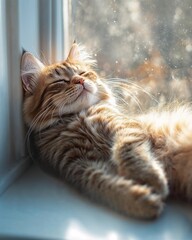 Tabby cat basking in sunlight by windowsill