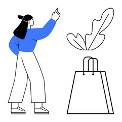 Woman raising finger upward near shopping bag and leaf outline. Ideal for retail, marketing, eco-friendly themes, minimalism, shopping, fashion, advertising. Line metaphor