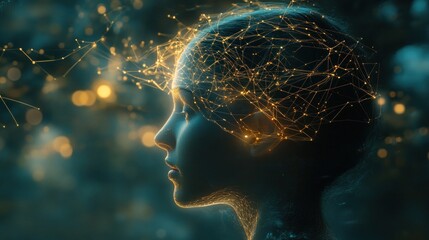 Obraz premium A human mind visualized as a glowing neural network connected to digital clouds, 